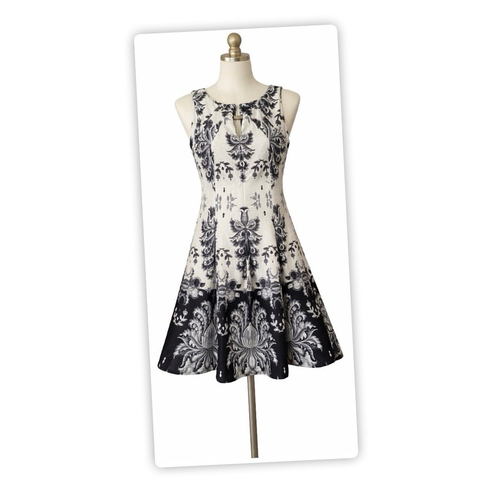 Gabby Skye‎ Women's Size 14 Black Cream Floral A-Line Dress Sleeveless